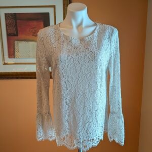 Adrienne Vittadini  Lace Romantic light grey Bell Sleeve Blouse Size L